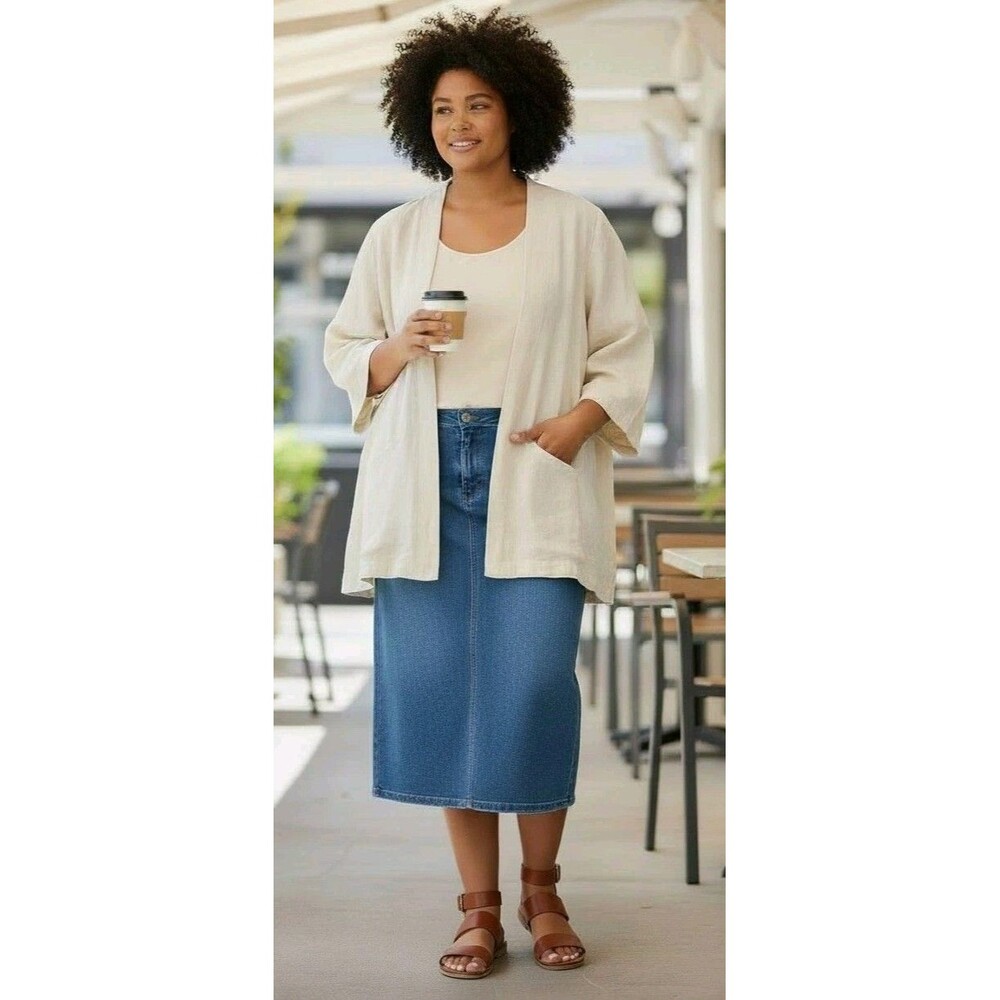Lands End Linen Blazer Light Flax Lagenlook Open Front Size 24W  Nwt